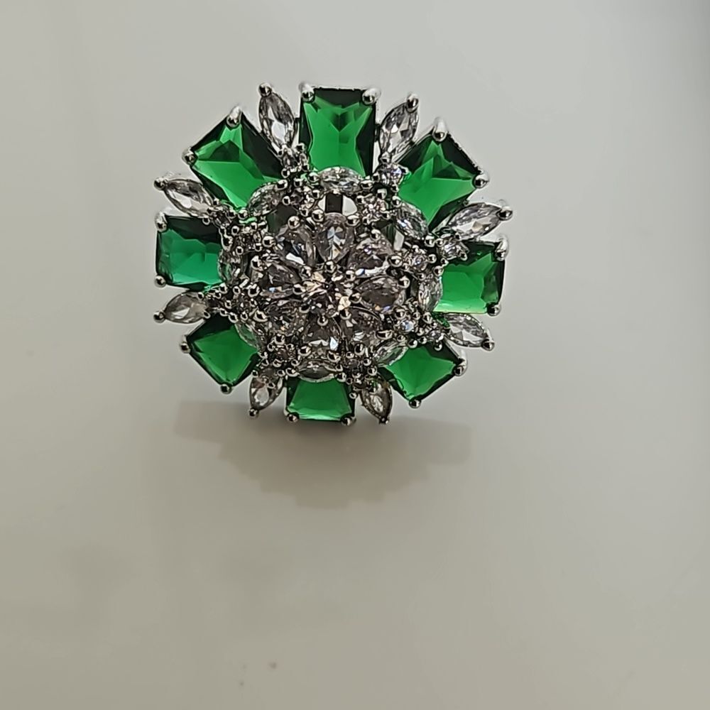 Emeald Large Bold Cocktail Stainless Ring With White Stone & Green